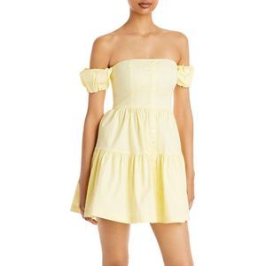 STAUD Womens Elio Yellow Tiered Off Shoulder Mini Mini Dress NWT